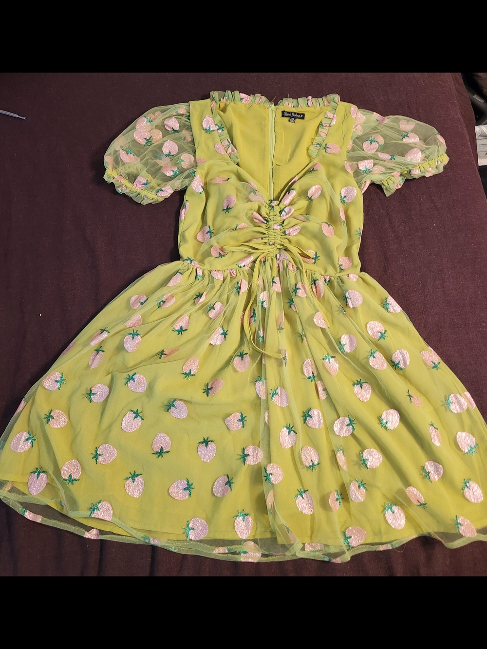 Smak Parlour Green Strawberry-Print Ruched Dress